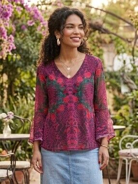 Desigual L Y2K Dark Romantic Boho Eclectic Artsy Abstract Mesh Bell Sleeve Shirt